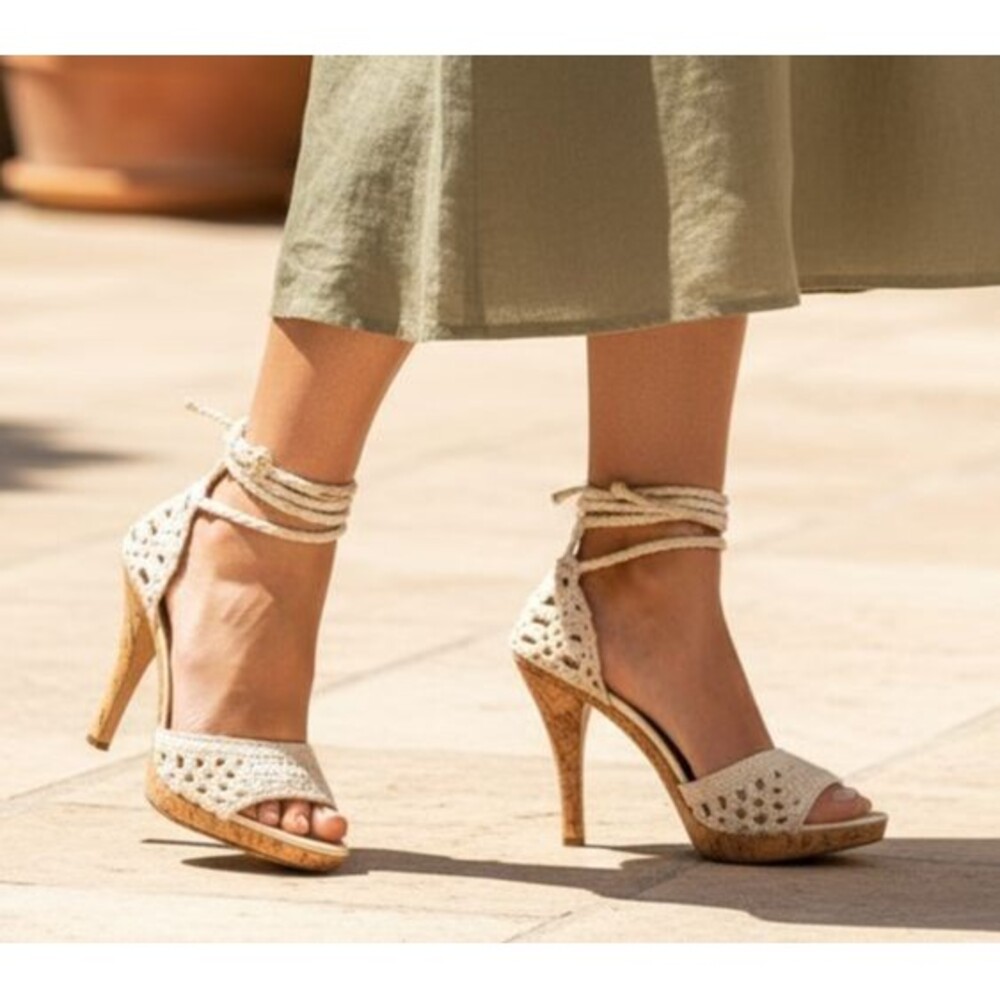 DESIGNER MICHAEL KORS IVORY CROCHET CORK HIGH HEELS STRAPPY SANDALS 8.M - Picture 10 of 14
